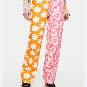 Ragged | Women’s Bold Two-Tone Floral & Heart Print Pants in Orange & Pink | 28
